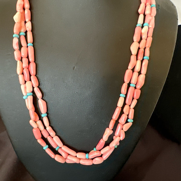 Turquoise Pink Coral 3 Strand Necklace 21" | Sterling Silver | Authentic Native American Handmade | 17815