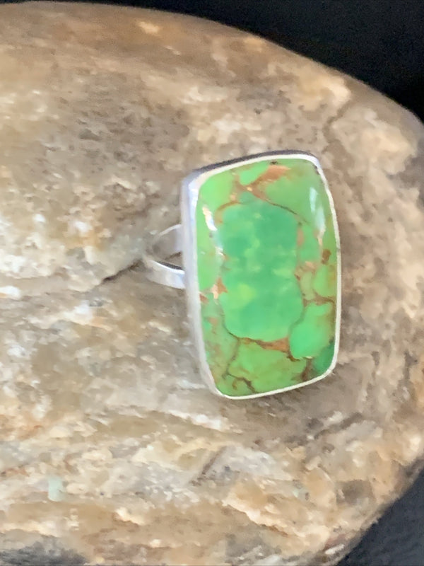 Green Mohave Turquoise Navajo Ring Size 8.5 Adjustable | Sterling Silver | Authentic Native American Handmade | 11793