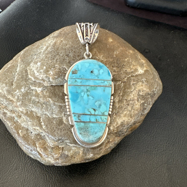 Navajo B E Inlay 925 Turquoise Pendant Cobblestone 2.5" | Sterling Silver | Authentic Native American Handmade | 19399