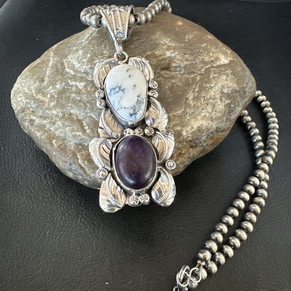 Navajo White Buffalo Turquoise Purple Stone Pendant | Sterling Silver | Authentic Native American Handmade | 18035