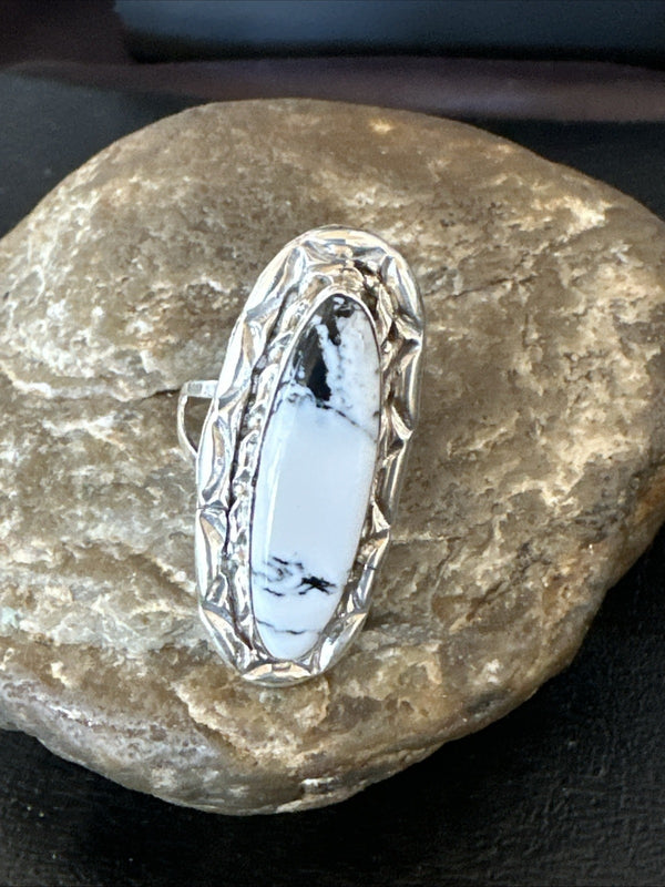 Black White Buffalo Turquoise Navajo Ring Size 8.5 | Sterling Silver | Authentic Native American Handmade | 19803