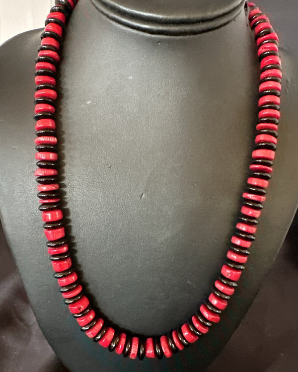 Men's Women's Red Coral Black Onyx Navajo Necklace 10mm | Sterling Silver | Authentic Native American Handmade | 17869