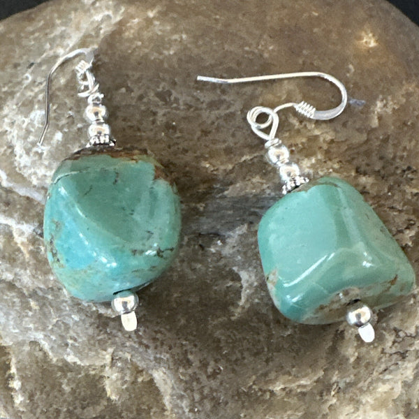 Green Turquoise Nugget Beads Navajo Earrings 1" | Sterling Silver | Authentic Native American Handmade | 17868
