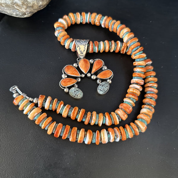 Spiderweb Turquoise Spiny Oyster Naja Pendant Necklace | Sterling Silver | Authentic Native American Handmade | 14235