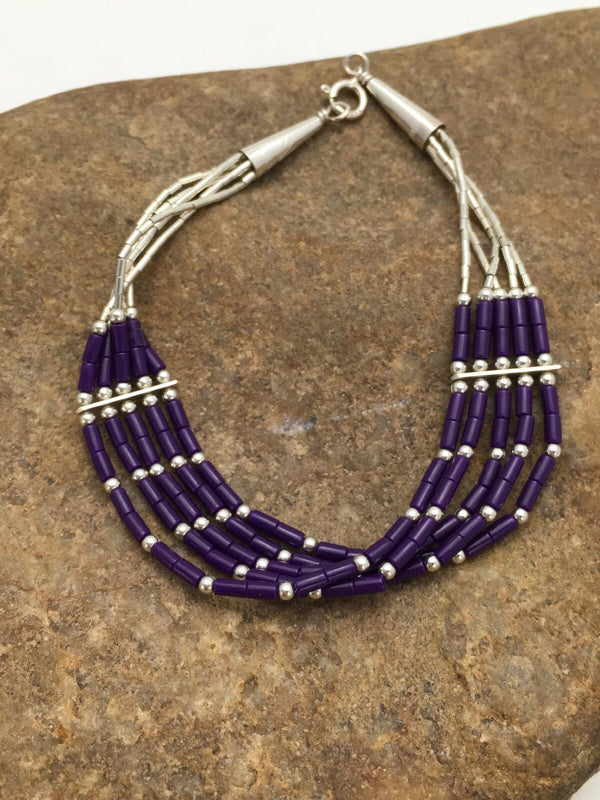 Purple Stone Heishi 5Strand Southwestern Liquid Bracelet 7" | Sterling Silver | Authentic Native American Handmade | 2933