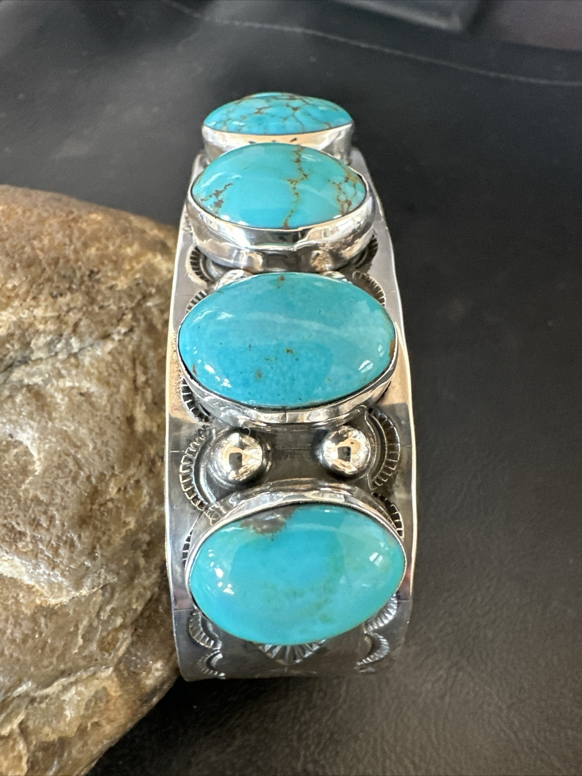 XL Blue Kingman Turquoise 5 Stone Navajo Sterling Silver Cuff Bracelet 18021