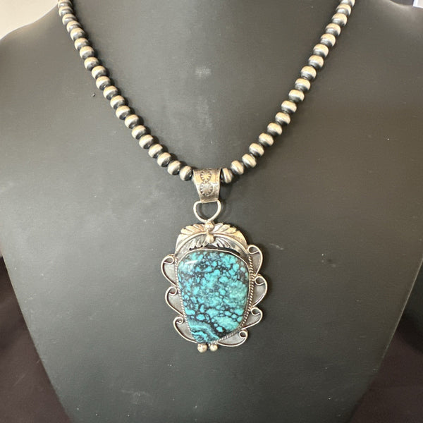 Women's Blue Spiderweb Turquoise Pendant Navajo Necklace | Sterling Silver | Authentic Native American Handmade | 19298