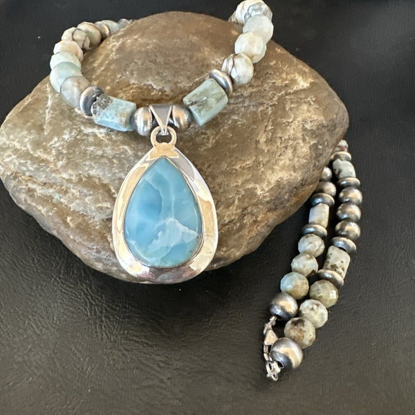 Blue Larimar Pendant Navajo Natural Necklace 21" | Sterling Silver | Authentic Native American Handmade | 17760