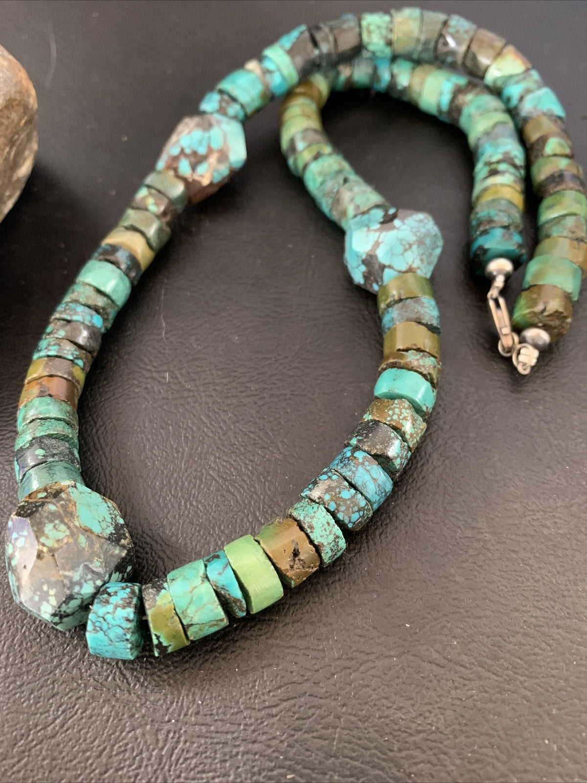 Men Chunky Spiderweb Turquoise Heishi Navajo Sterling Silver Necklace 21” 124504