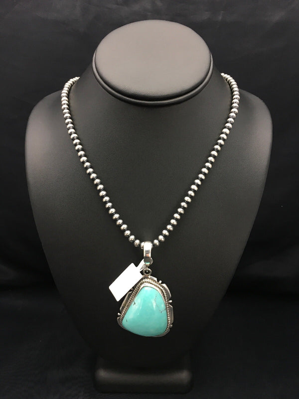 Men's Blue Turquoise Pendant Navajo Pearls Necklace | Sterling Silver | Authentic Native American Handmade | 03915
