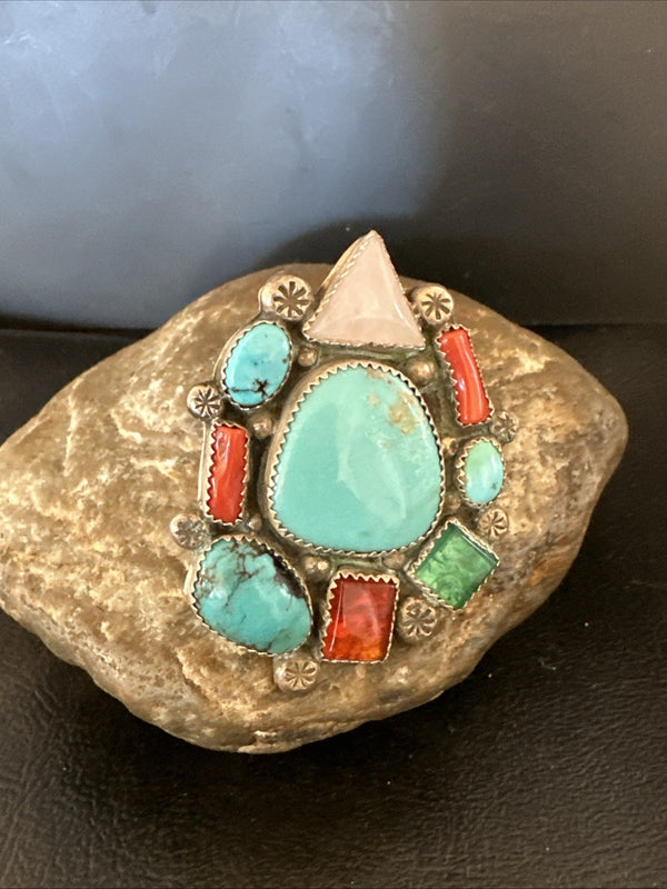 Old Pawn Navajo Blue Turquoise Coral Ring Multi-Stone Cluster Sz 9 19825