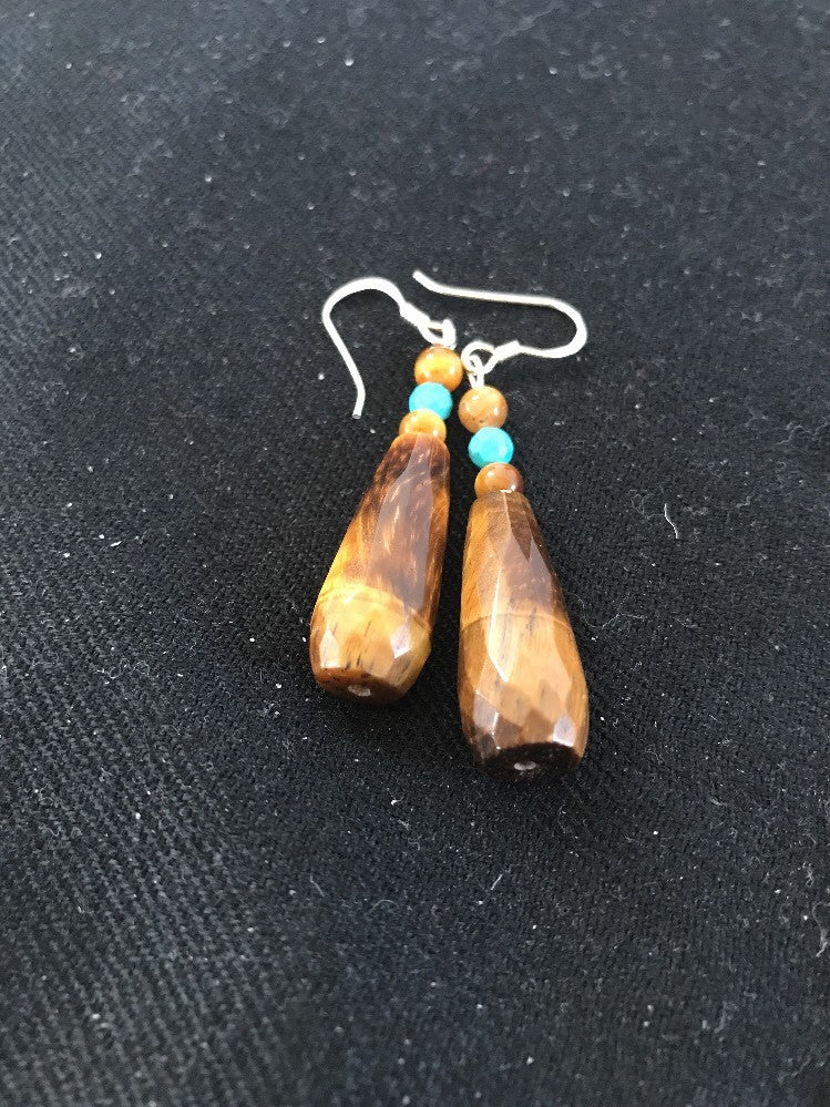Tiger's Eyes Turquoise Faceted Navajo Sterling Silver Dangle Earrings 01995