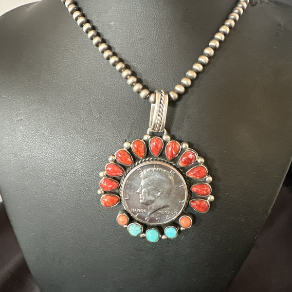 Coin Pendant Red Spiny Oyster Turquoise Navajo Necklace | Sterling Silver | Authentic Native American Handmade | 17924