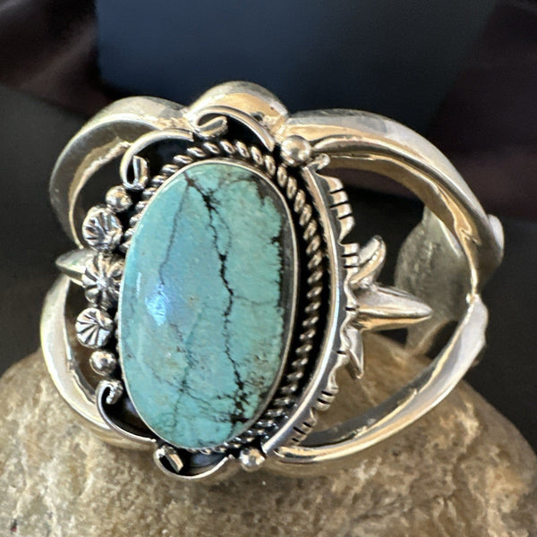 Yazzie Kingman Turquoise Navajo Tufa Cast Cuff Bracelet | Sterling Silver | Authentic Native American Handmade | 19690