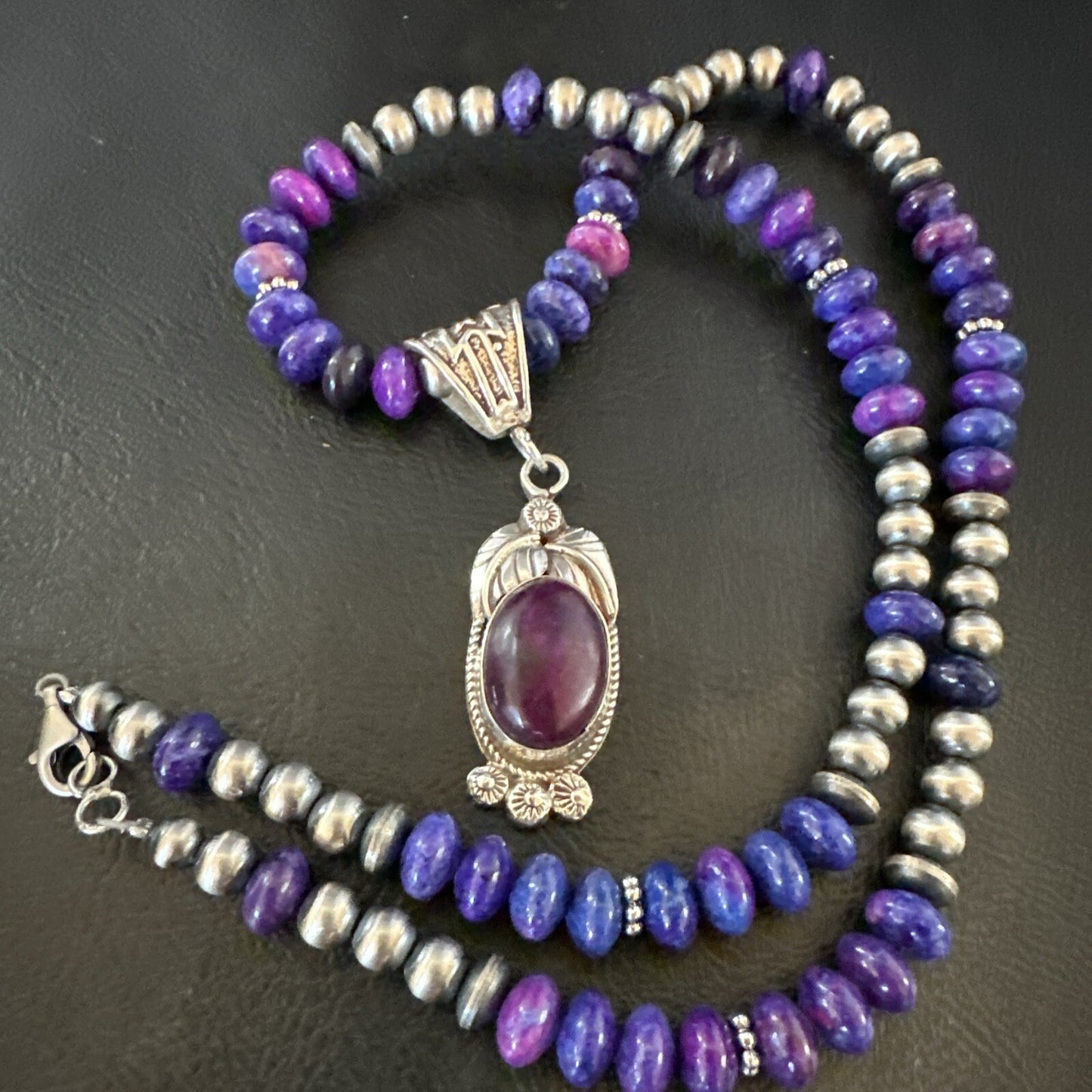 Purple Stone Pendant Navajo Pearls Sterling Silver Necklace 21” 18033