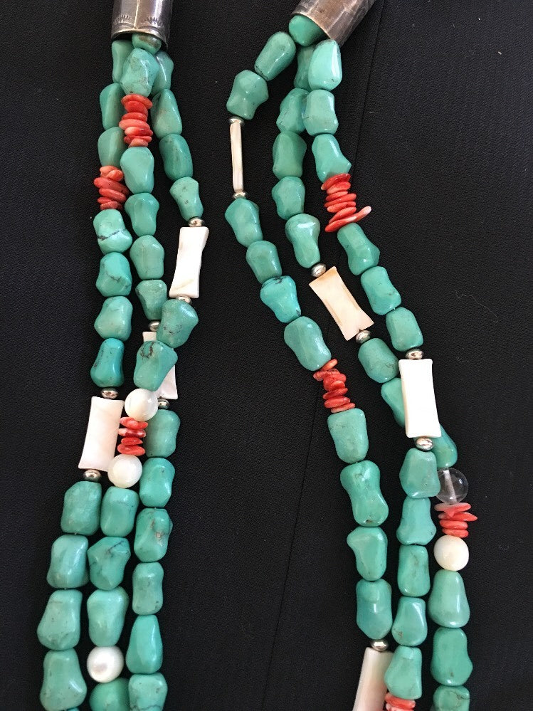 Turquoise, Mother Of Pearl, Spiny 3 Strands Navajo Sterling Silve Necklace 03262