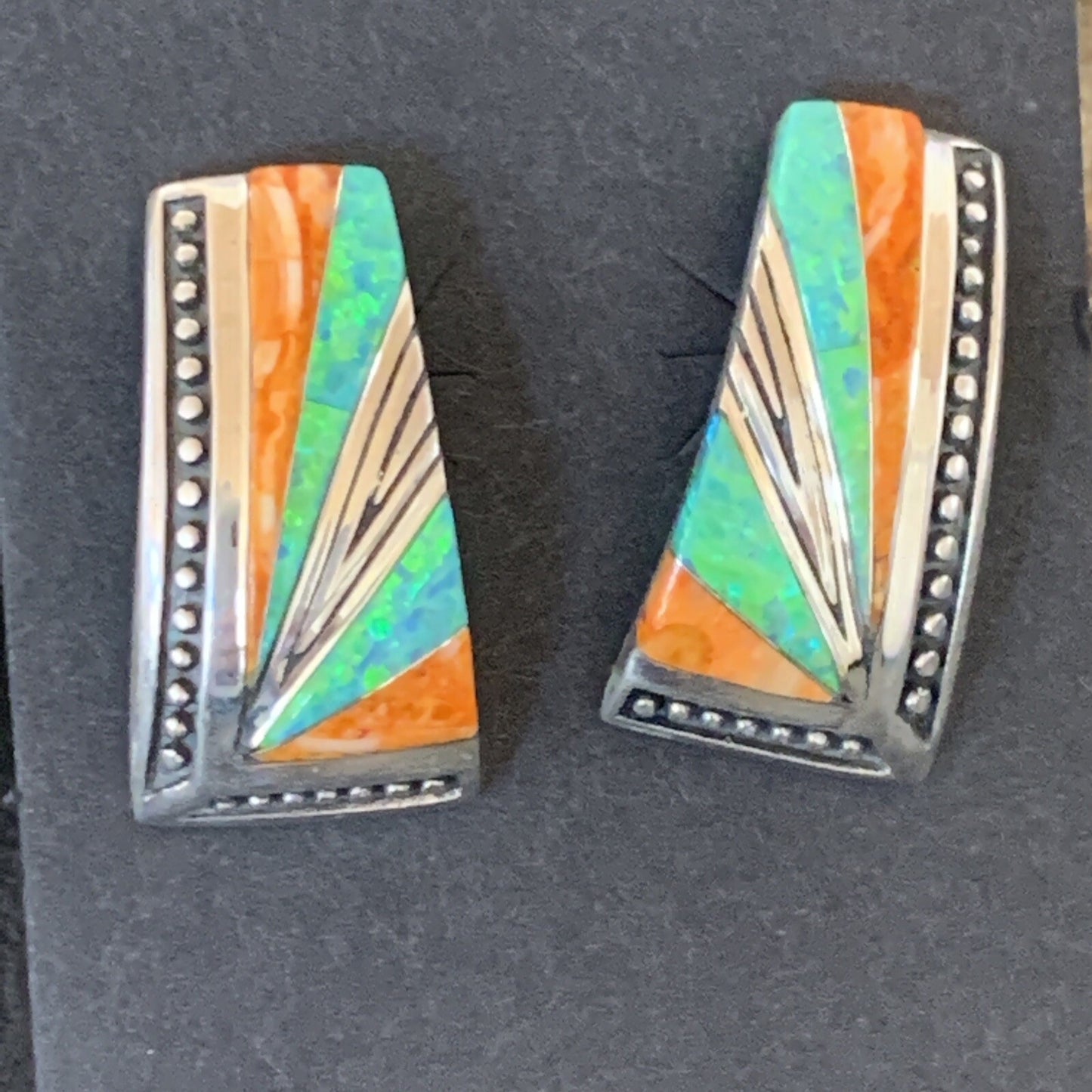 Navajo Blue Opal Oran Spiny Oyster Inlay Sterling Silver Earrings 12118