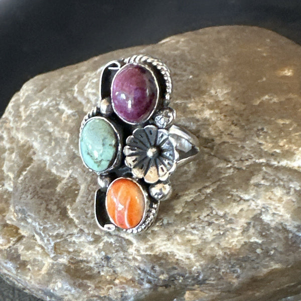 Multicolor Ring Turquoise Spiny Navajo Cluster Size 6.5 | Sterling Silver | Authentic Native American Handmade | 19175