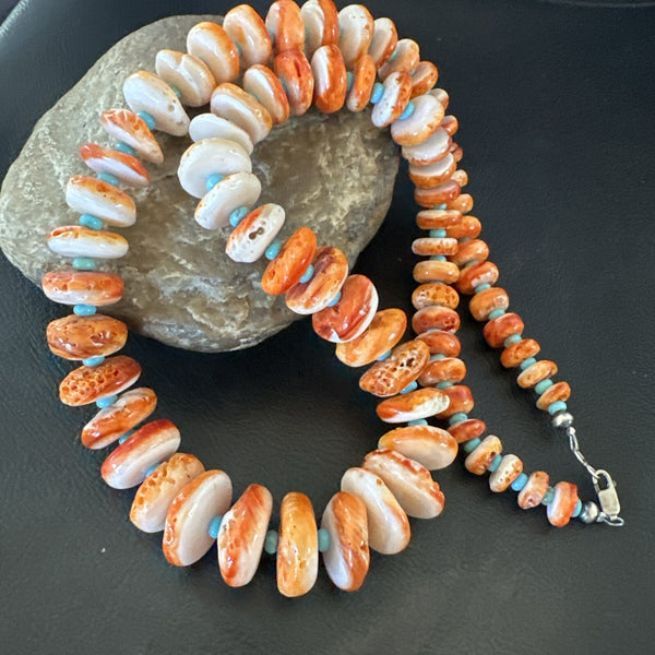 Orange Spiny Oyster Blue Turquoise Navajo Necklace 23" | Sterling Silver | Authentic Native American Handmade | 18088