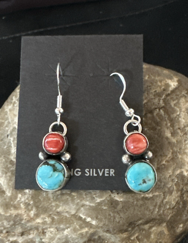 Handmade Blue Turquoise Red Coral Navajo Dangle Earrings | Sterling Silver | Authentic Native American Handmade | 18845