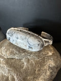 White Buffalo Turquoise Navajo Cuff Bracelet 7" | Sterling Silver | Authentic Native American Handmade | 19381