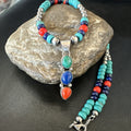 Multicolor Turquoise Coral Navajo Cluster Pendant Necklace | Sterling Silver | Authentic Native American Handmade | 19646