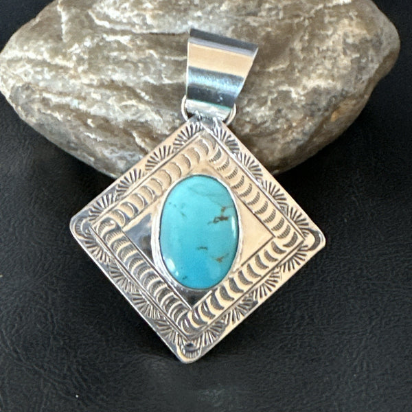 Men Women Blue Kingman Turquoise Pendant Navajo H Joe | Sterling Silver | Authentic Native American Handmade | 19519