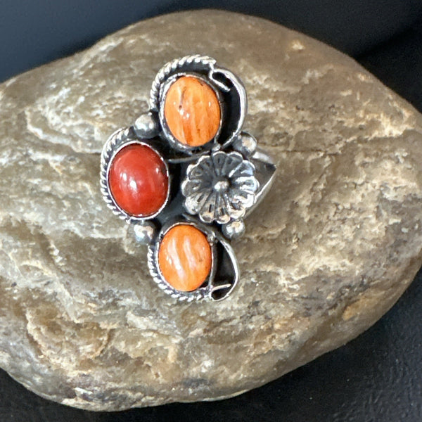 Multicolor Ring Coral Spiny Navajo Cluster Sz 10.5 | Sterling Silver | Authentic Native American Handmade | 19196
