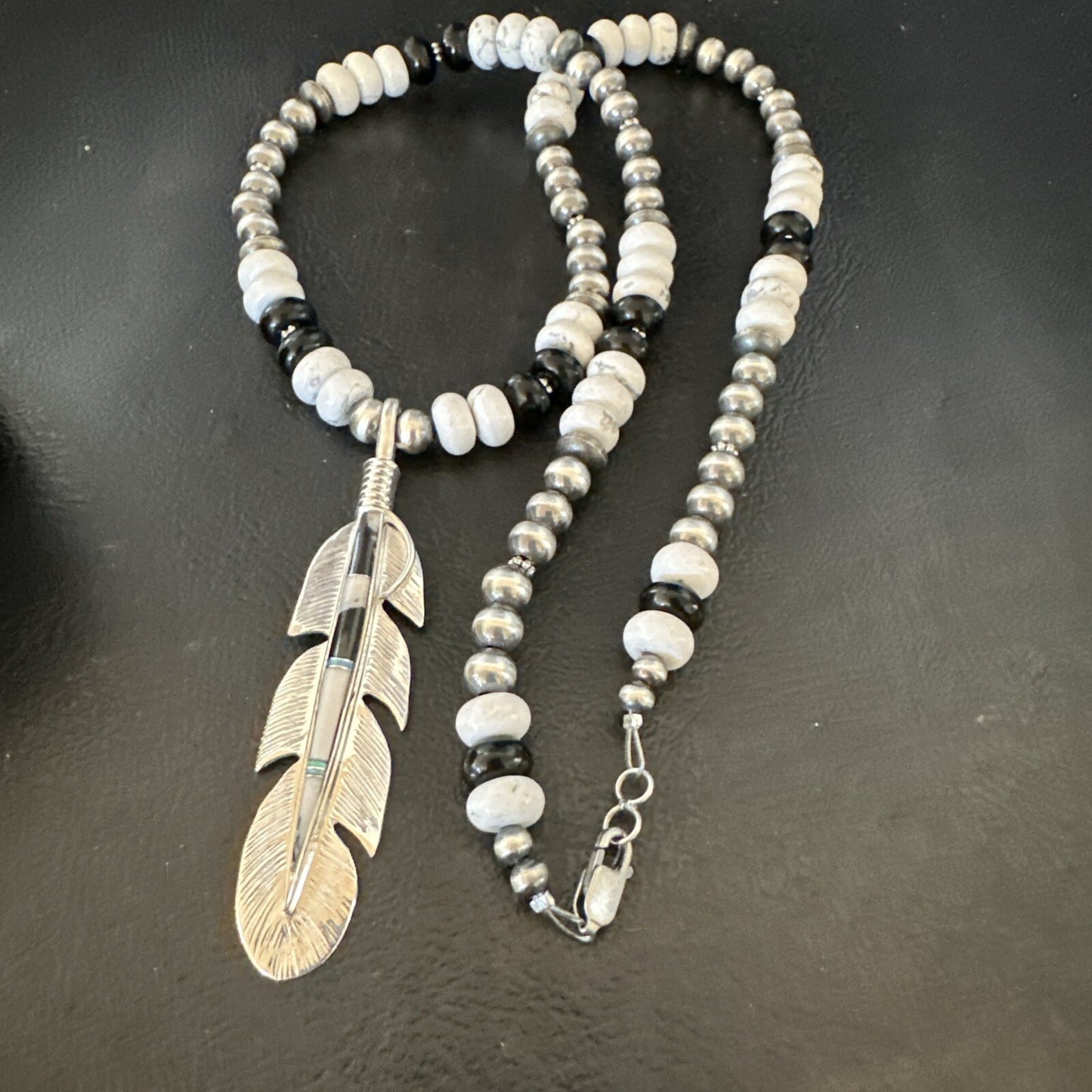 Feather White Buffalo Turquoise Opal Pendant Sterling Silver Necklace 21” 18670