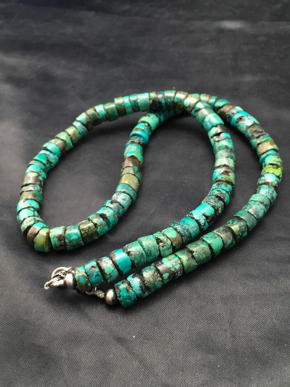 Rustic Turquoise 12 mm Heishi Sterling Silver Bead Necklace 26” 15262
