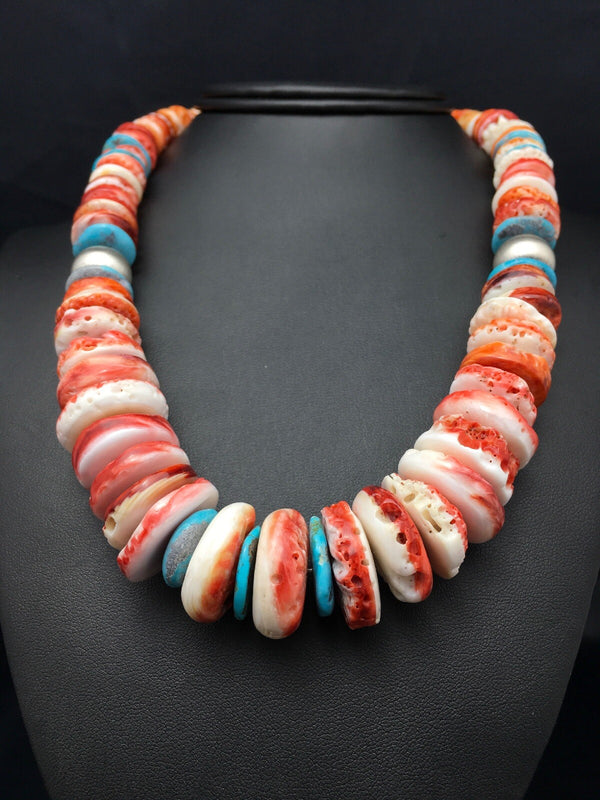 Spiny Oyster Graduated Necklace Navajo 20" | Sterling Silver | Authentic Native American Handmade | 4177