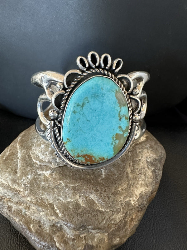 Men's Women's Tufa Blue Turquoise#8 Navajo Cuff Bracelet 7.7" | Sterling Silver | Authentic Native American Handmade | 19450