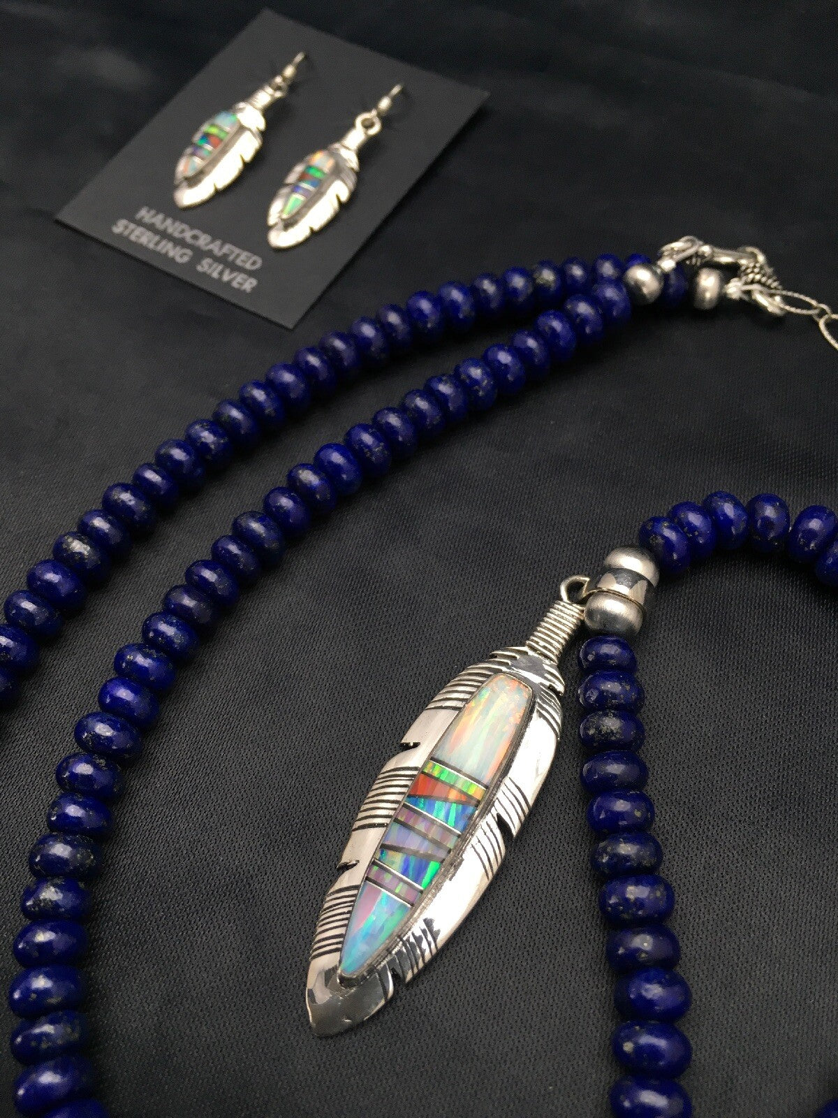Opal Feather Multicolor Lapis Pendant Sterling Silver Necklace Earring Set 02771