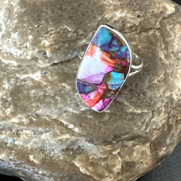 Blue Turquoise Spiny Oyster Navajo Ring Size 8 | Sterling Silver | Authentic Native American Handmade | 18249