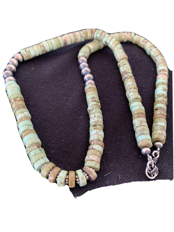 Men Green Turquoise Heishi Necklace Navajo P Slab 8mm 22" | Sterling Silver | Authentic Native American Handmade | 10084