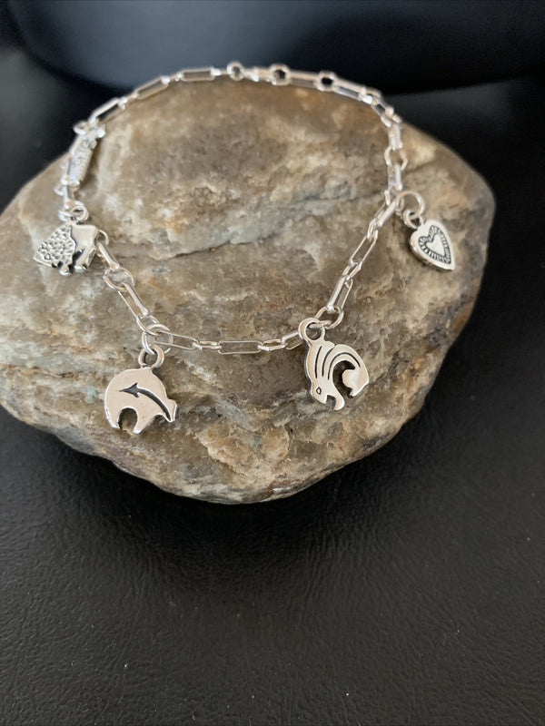Kokopelli Different Charm Navajo Link Bracelet 7.5" | Sterling Silver | Authentic Native American Handmade | 1464