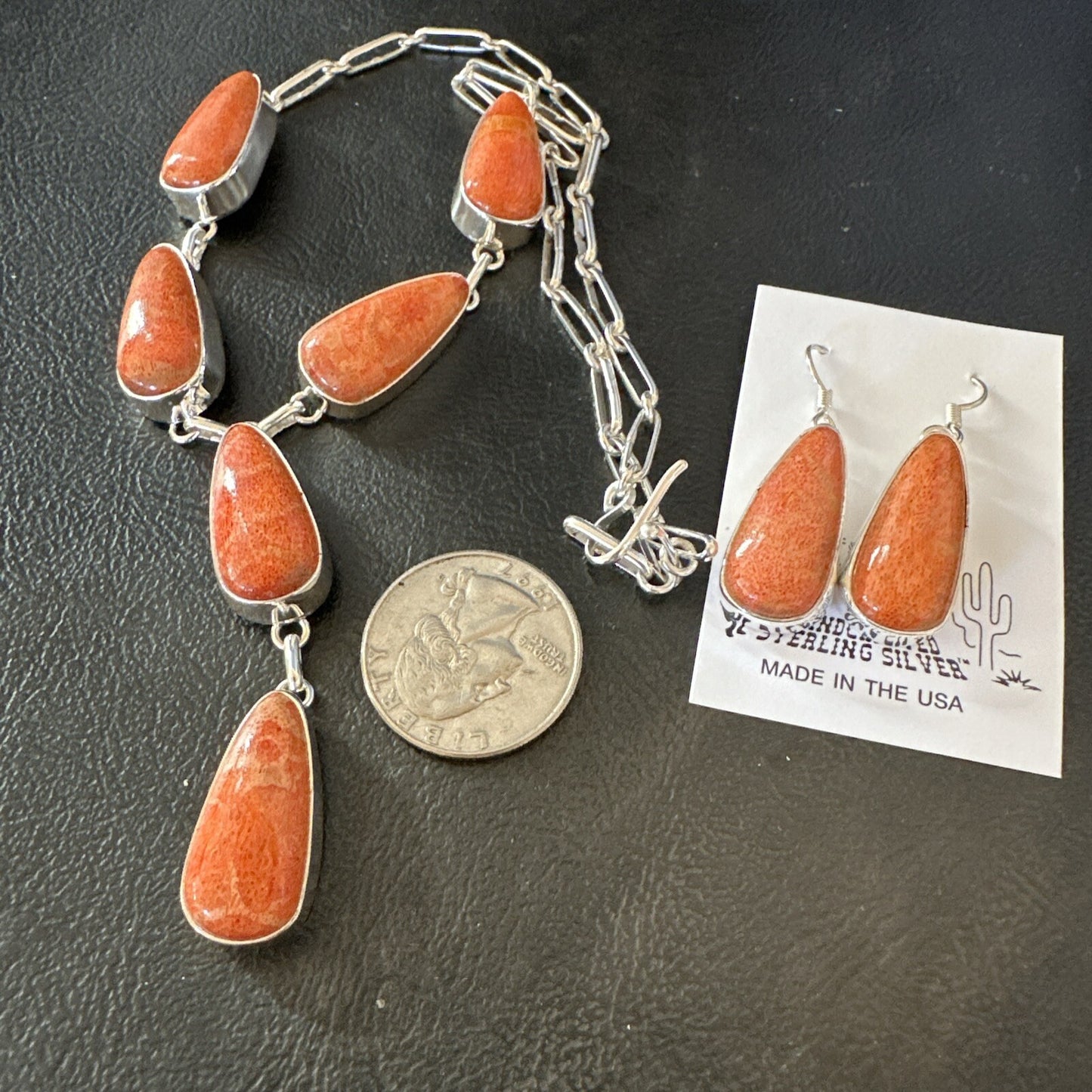 Apple Sponge Coral Lariat Necklace Pendant Earrings Sterling Silver 16” 18973