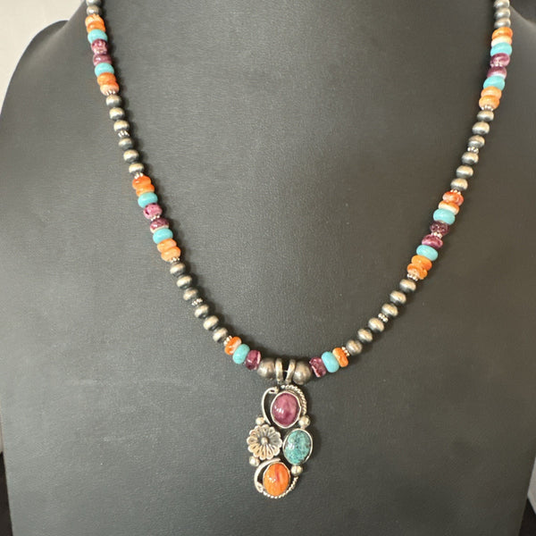 Multicolor Turquoise Spiny Navajo Cluster Pendant Necklace | Sterling Silver | Authentic Native American Handmade | 19642