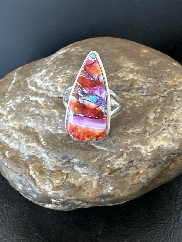 Blue Turquoise Spiny Oyster Southwestern Ring Size 8.5 | Sterling Silver | Authentic Native American Handmade | 18545