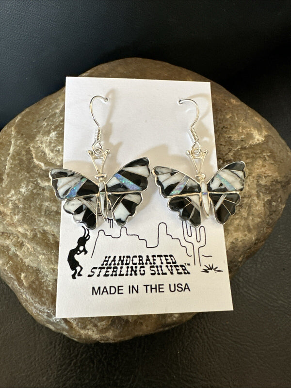 White Buffalo Turquoise Opal Onyx ButterFly Earrings | Sterling Silver | Authentic Native American Handmade | 18553