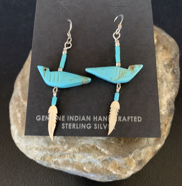 Navajo Blue Turquoise Fetish Earrings 1.5" | Sterling Silver | Authentic Native American Handmade | 13055