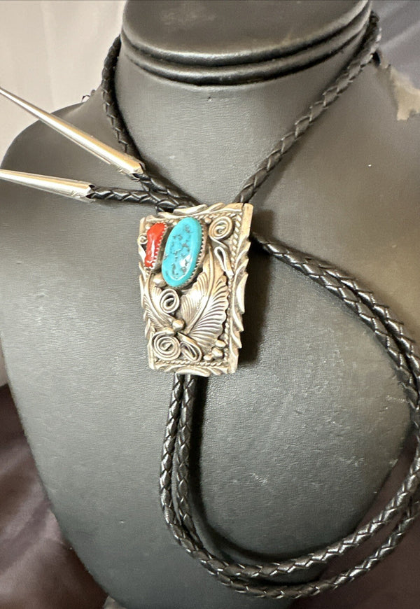 Men's Blue Kingman Turquoise Coral Bolo Tie Navajo | Sterling Silver | Authentic Native American Handmade | 18168