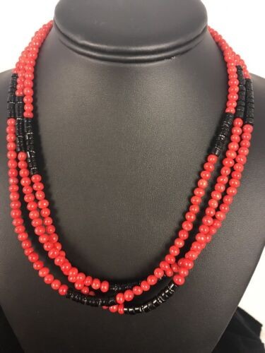 Navajo Coral Necklace Pendant 20"3 Strand | Sterling Silver | Authentic Native American Handmade | 8006