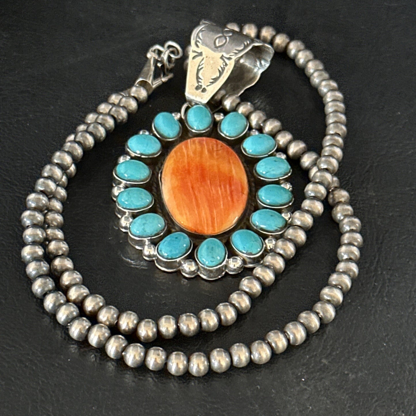 Blue Cluster Kingman Turquoise Sterling Orange Spiny Oyster Pendant 14278