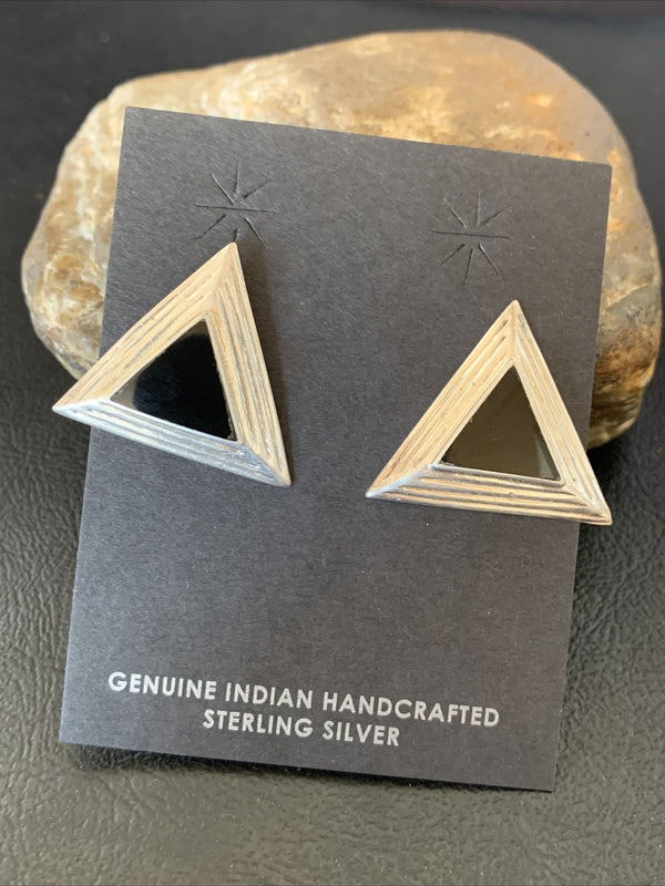 Black Onyx Navajo Stud Post Earrings 1" | Sterling Silver | Authentic Native American Handmade | 12640