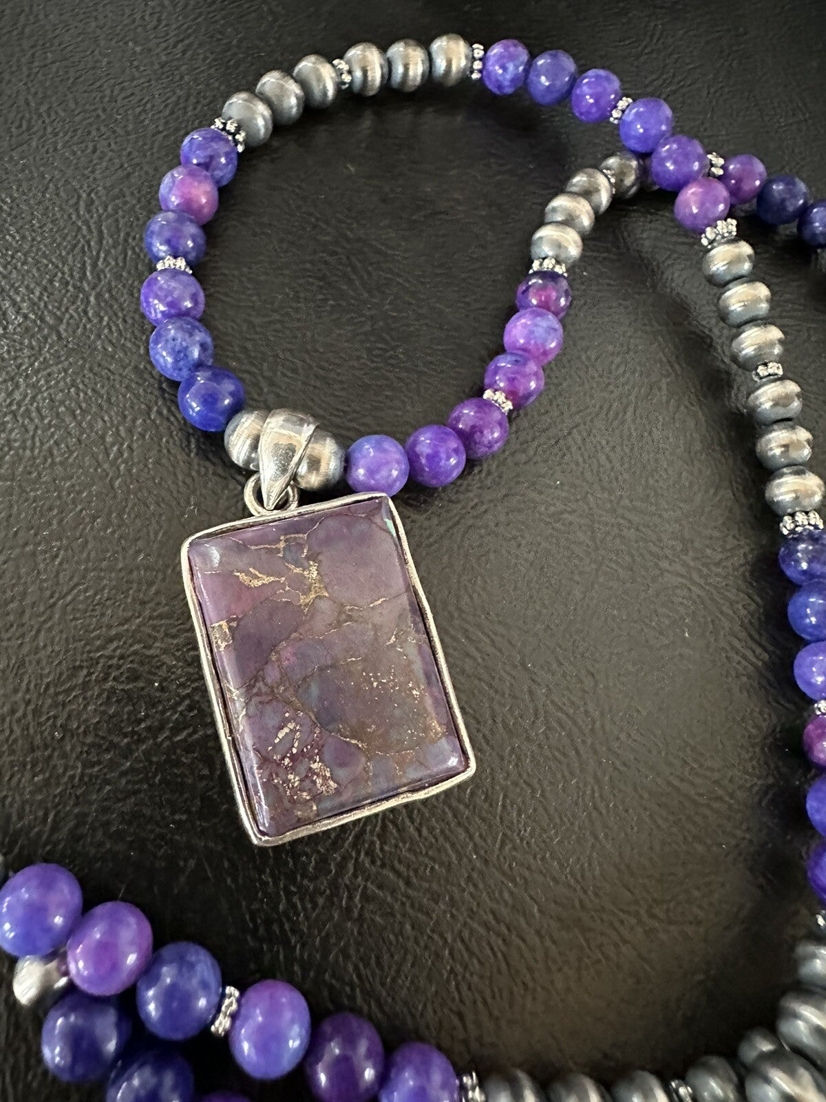 Purple Stone Turquoise Pendant Navajo Pearls Sterling Silver Necklace 18384