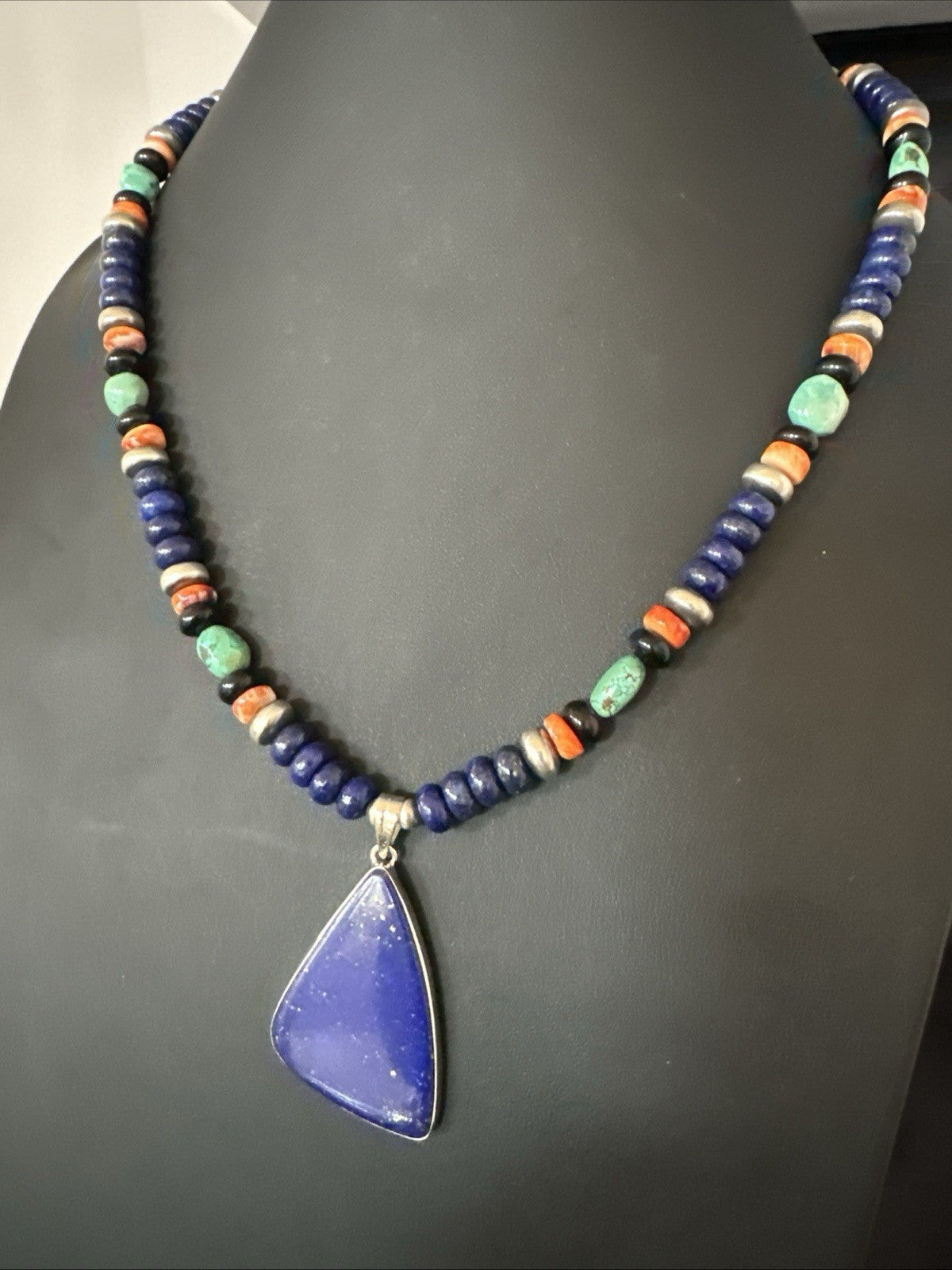 Lapis Turquoise Spiny Necklace Southwestern Sterling Silver Pendant 22” 19469