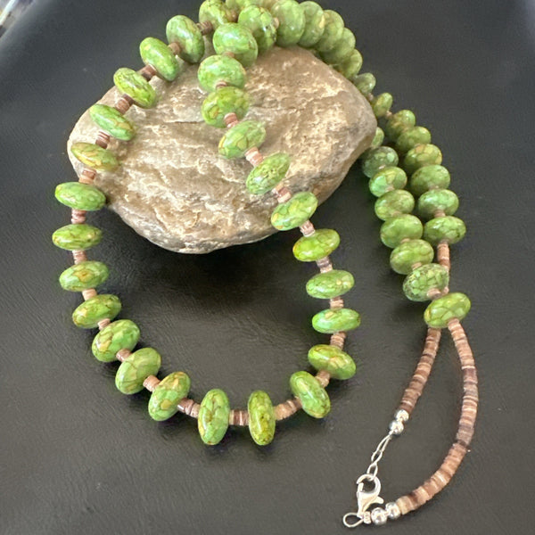 Green Mohave Turquoise Shell Santo Domingo Necklace 32" | Sterling Silver | Authentic Native American Handmade | 19661