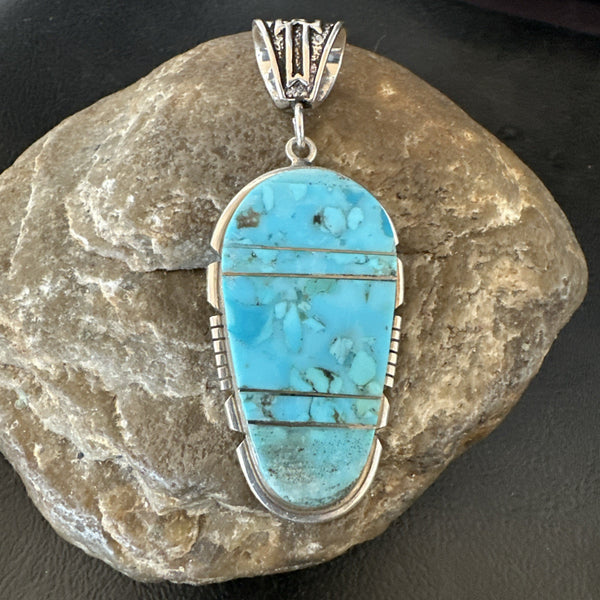 Navajo B E Inlay 925 Turquoise Pendant Cobblestone 2.5" | Sterling Silver | Authentic Native American Handmade | 19399