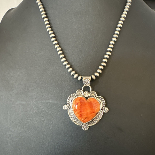 H Joe Orange Spiny Oyster Heart Pendant Navajo Necklace | Sterling Silver | Authentic Native American Handmade | 19482